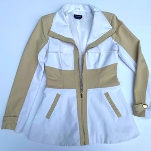 Bebe Two-Tone Tan & Egg-Shell Peplum Trench Coat with lining (Medium)